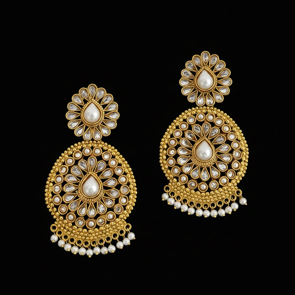 A pair of ornate gold-toned Indian jhumka earrings decorated with white faux pearls and clear stones, displayed on a dark reflective surface with the 'SAHeli by Saheli' brand logo in the upper center.
