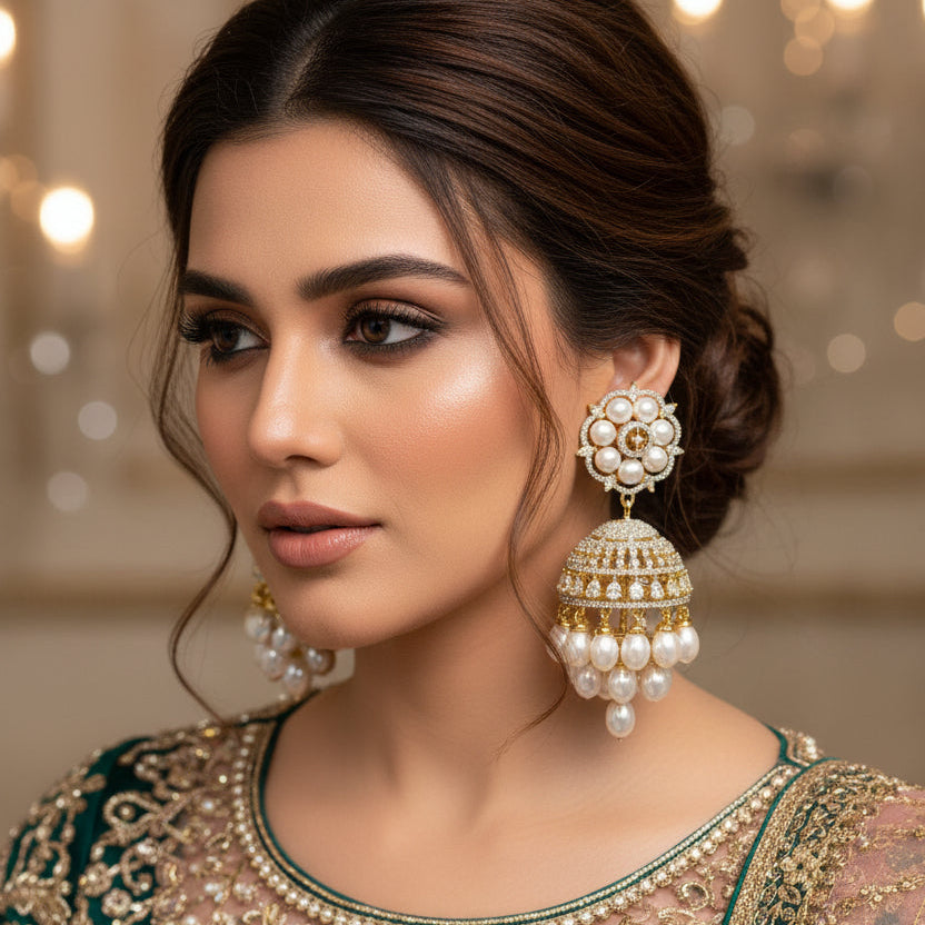 Pair of pearl and gold earrings on a black background