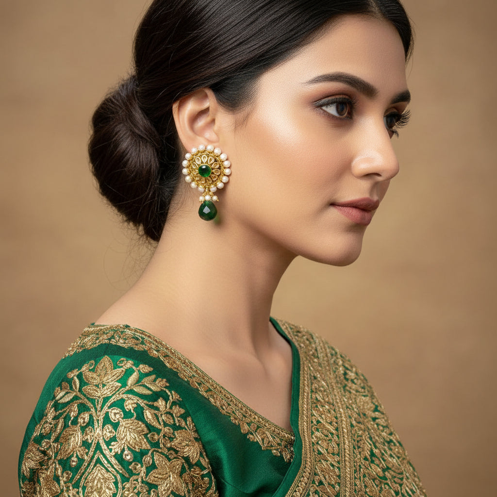 Gold and green earrings with pearl accents on a dark background, featuring the brand 'Saheli'.