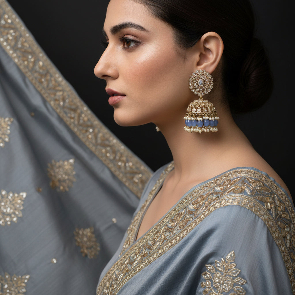 Pair of ornate earrings with blue stones and pearl-like elements on a dark background