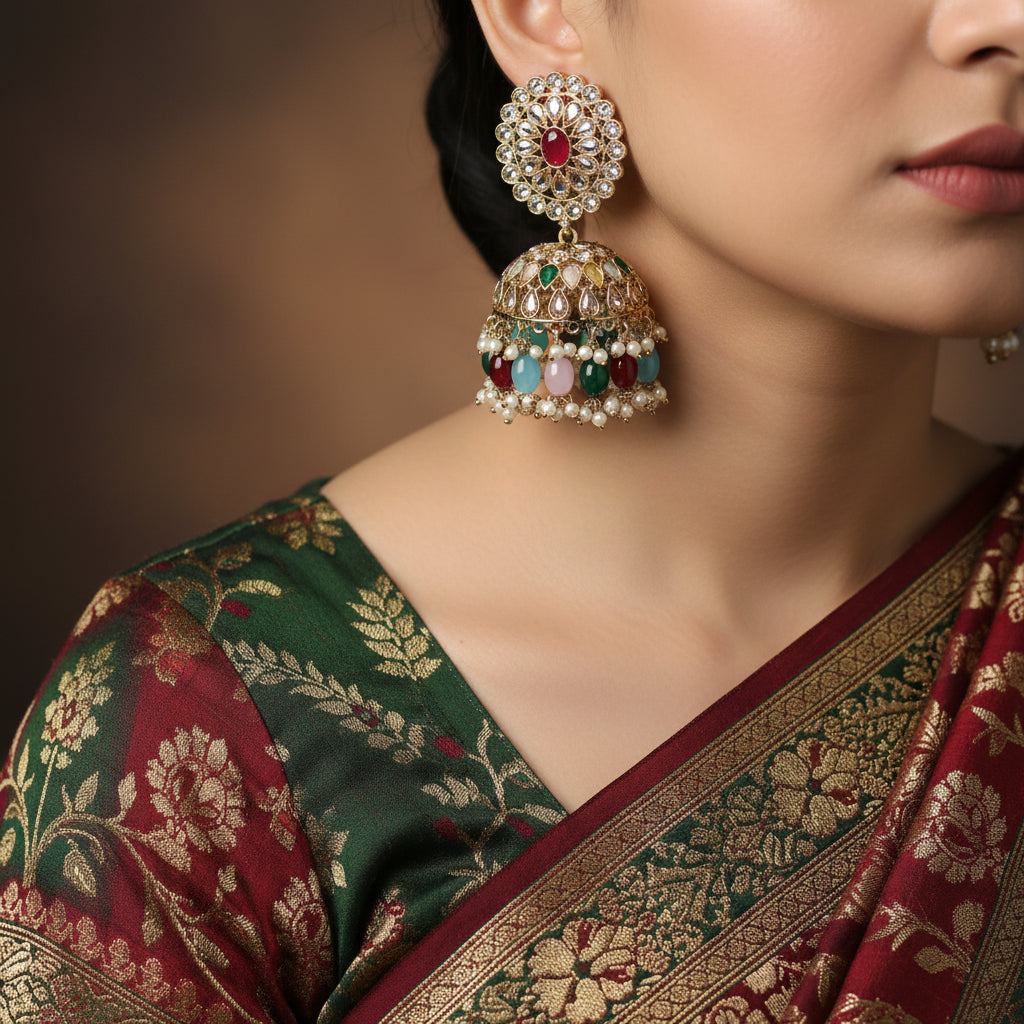 Pair of ornate earrings with gemstones on a dark background
