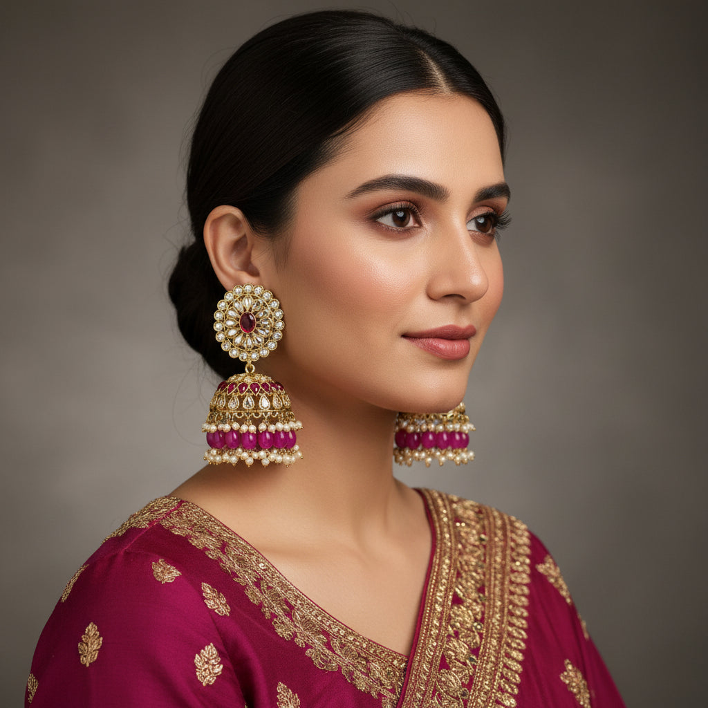 Ornate earrings with gemstones and pearls on a dark background