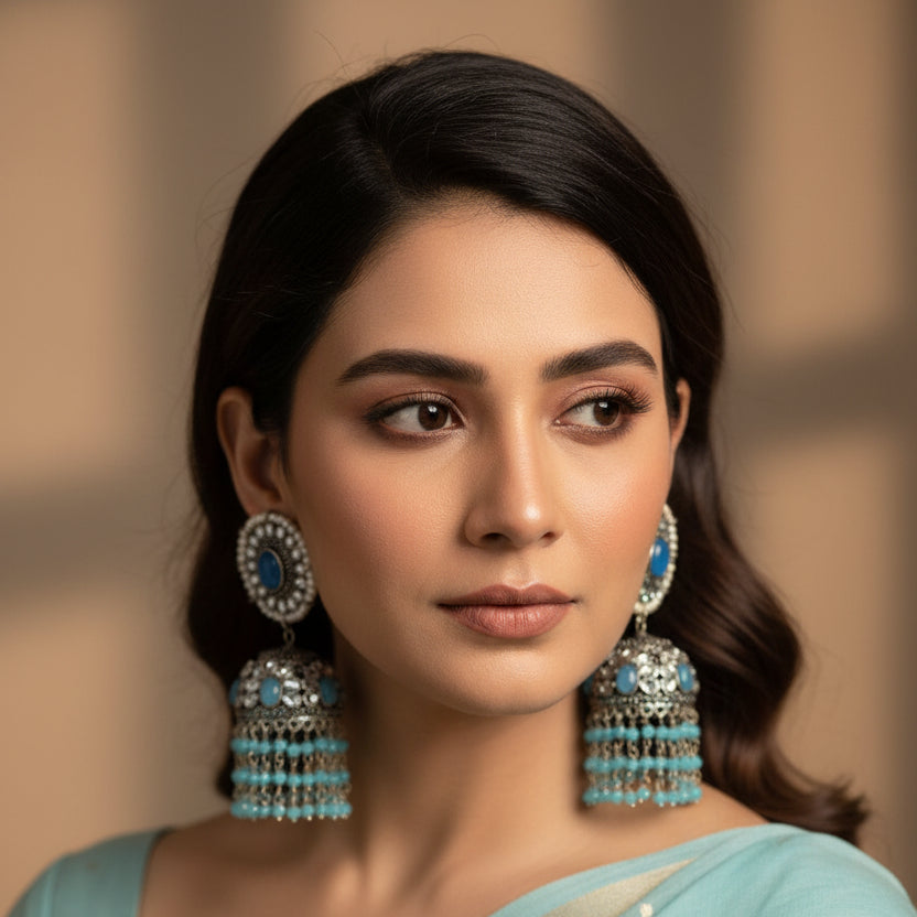 Pair of earrings with blue stones on a black background, featuring the brand 'Saheli'.