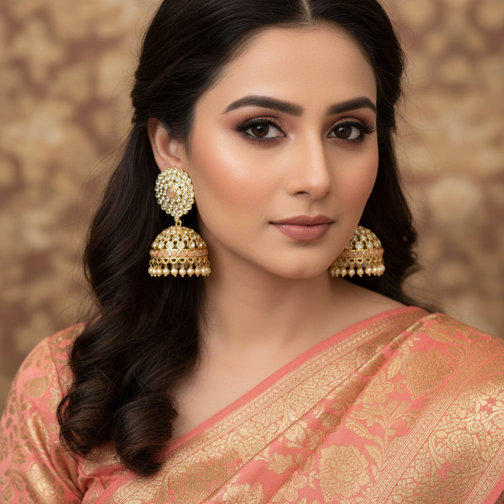 Gold and pearl earrings with 'SAHELI' branding on a black background