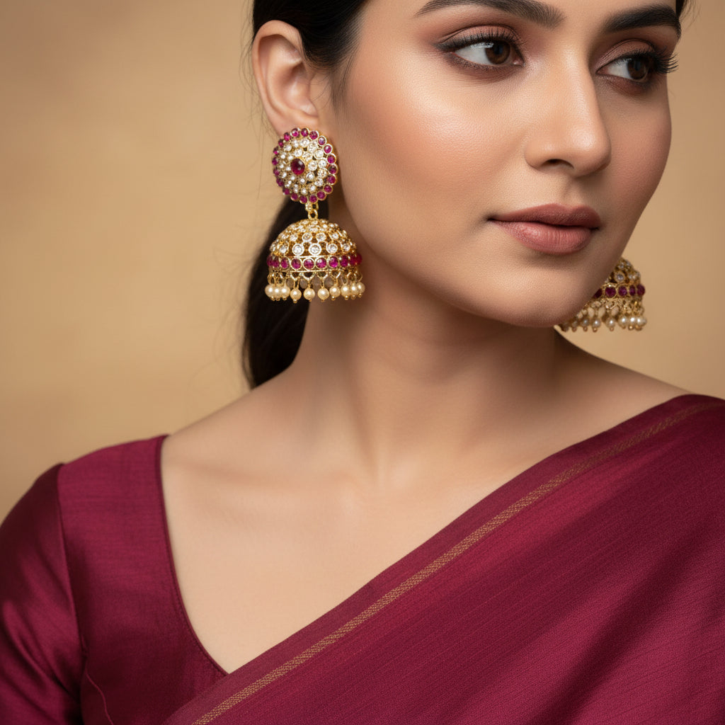 Gold earrings with red and white stones on a black background, branded 'Saheli'.