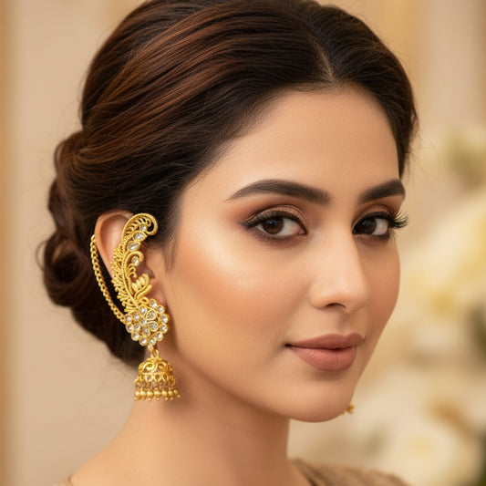 Gold earrings with intricate designs on a black background, featuring the brand 'Saheli'.