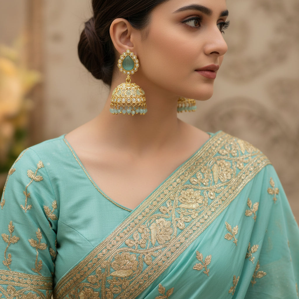 Gold and turquoise earrings with 'SAHELI' branding on a dark background
