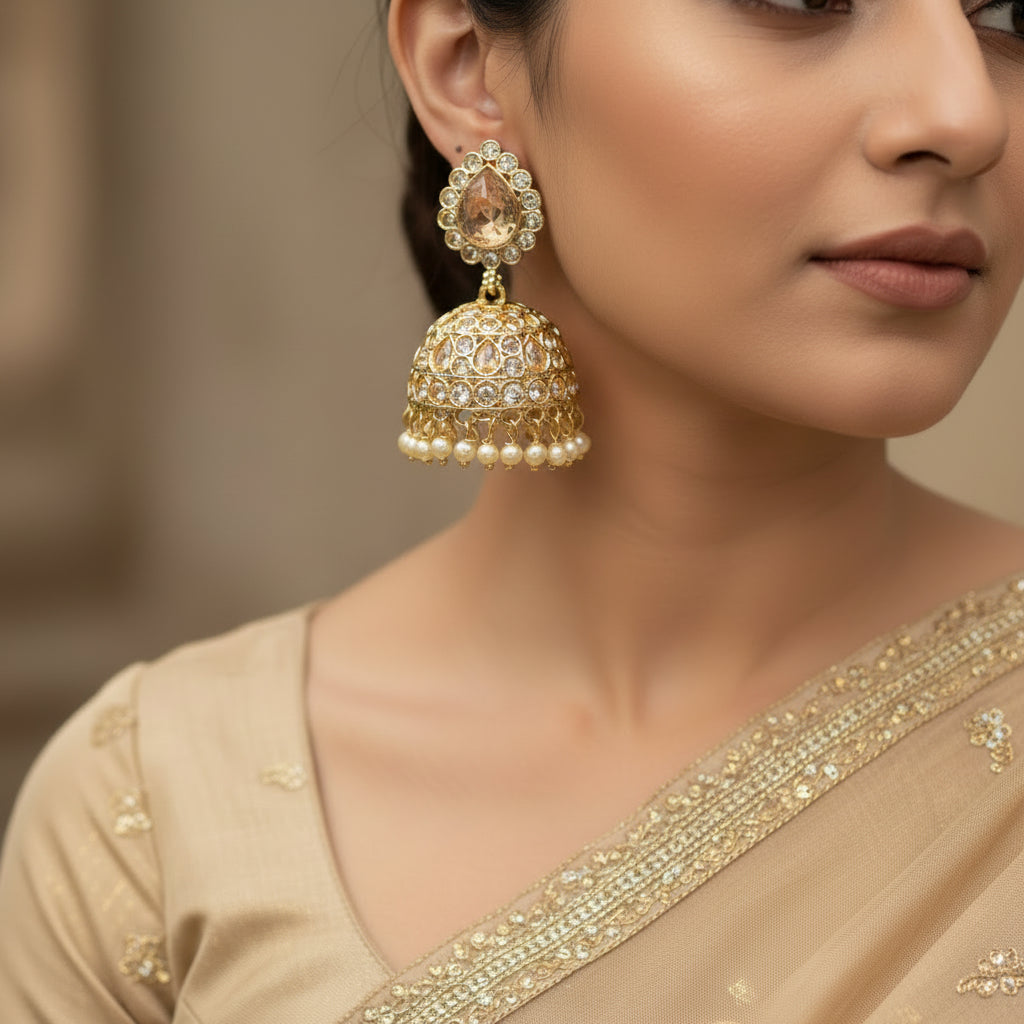 Gold and pearl earrings with 'Saheli' branding on a black background