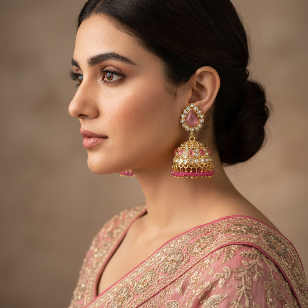 Ornate earrings with pink stones on a dark background, featuring the brand 'SAHELI'.