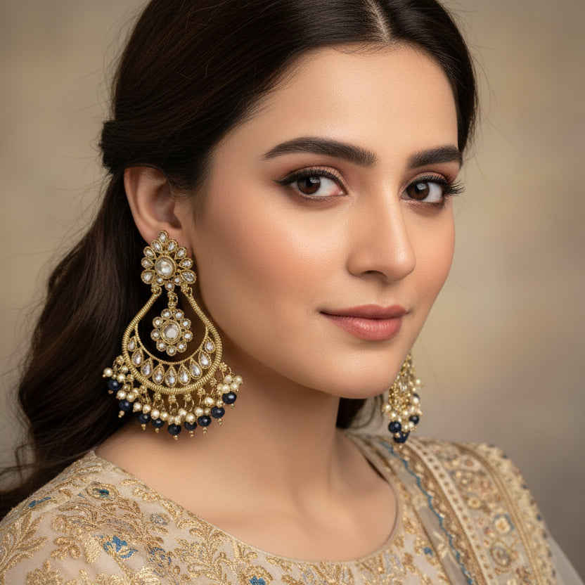 Ornate gold and blue earrings on a dark background with 'Saheeli' branding.