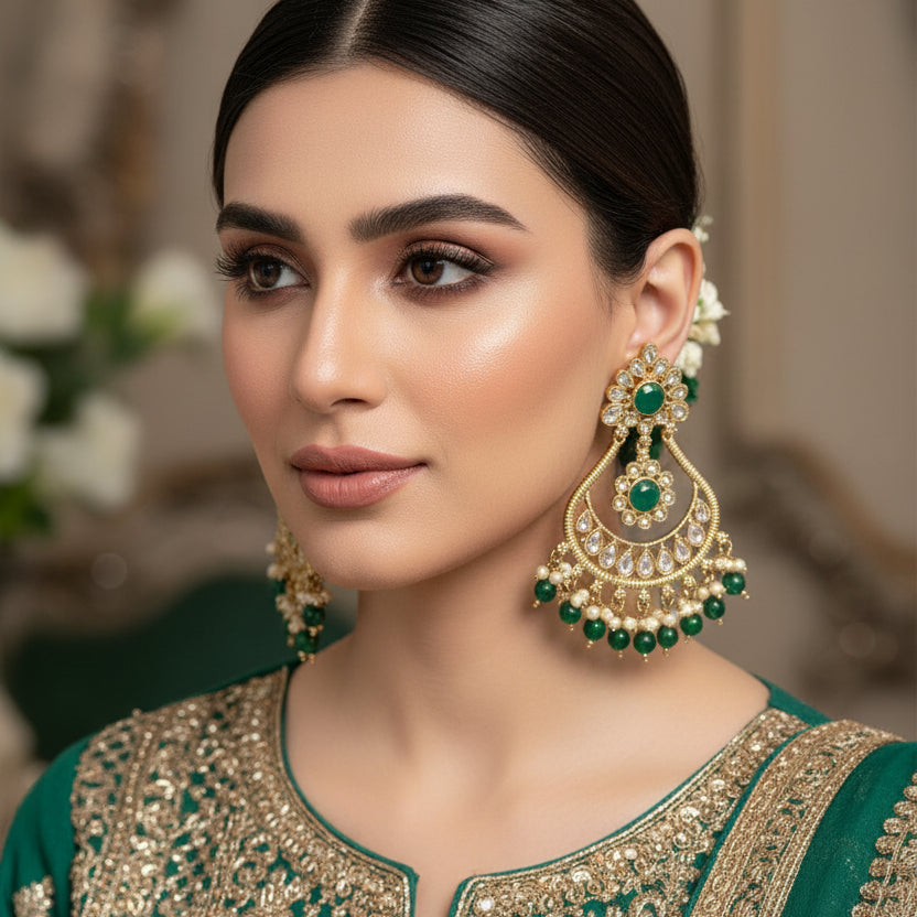 Ornate gold and green earrings on a gray background with 'SAHELI' branding.