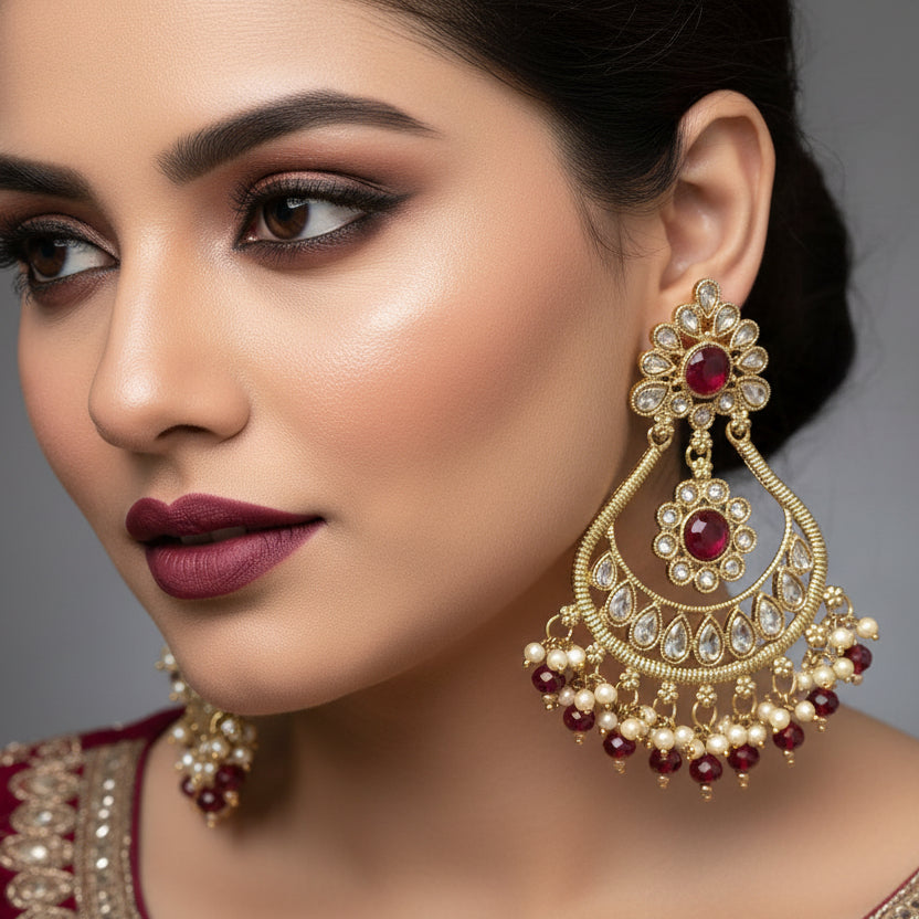 Ornate gold earrings with red gemstones on a dark background, featuring the brand 'SAHELI'.