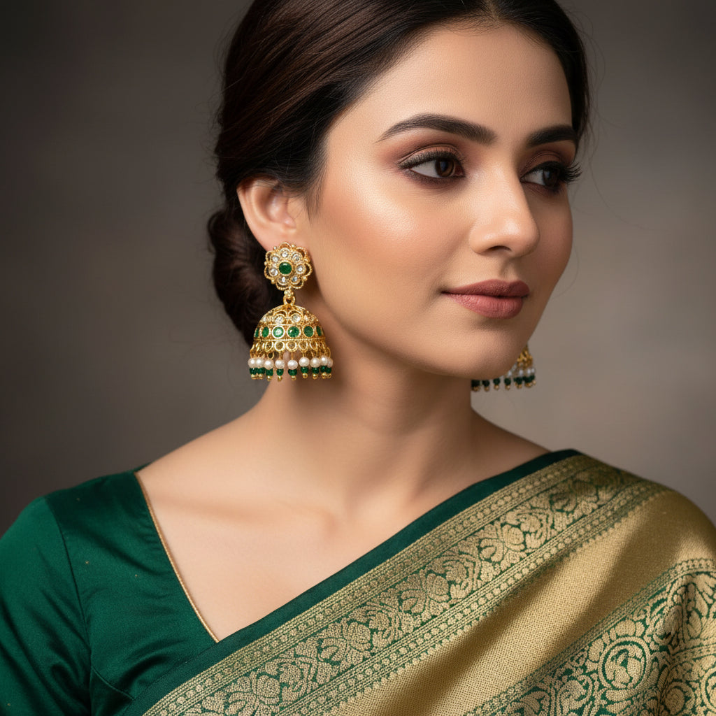 Ornate gold earrings with green and pearl accents on a dark background, featuring the brand 'Saheli'.