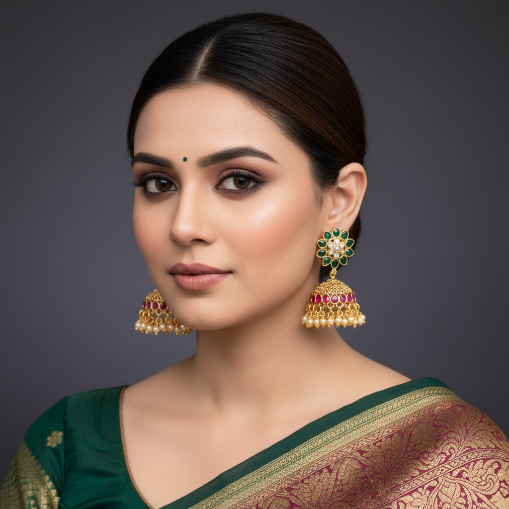 Ornate gold earrings with green, red, and pearl details on a dark background, featuring the Saheli brand.