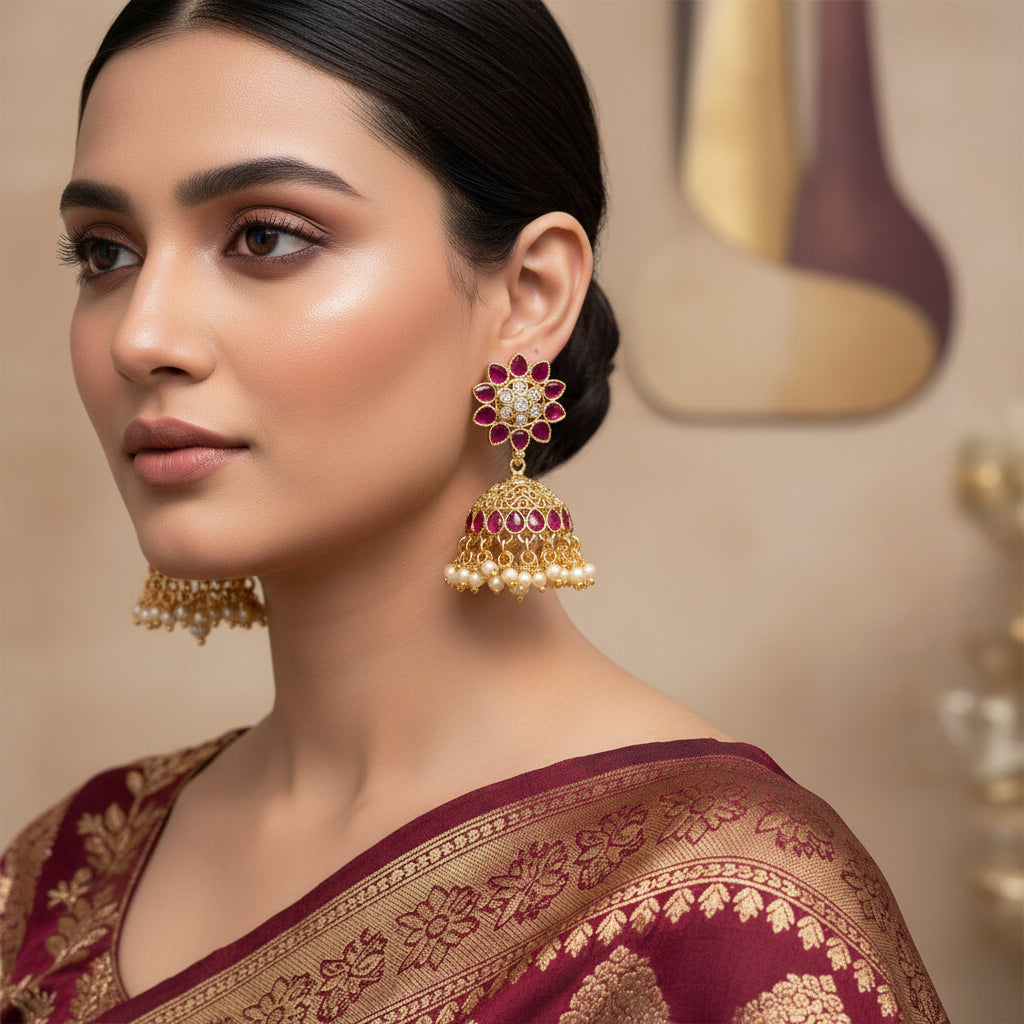 Ornate gold earrings with red and white stones on a dark background, featuring the brand 'Saheli'.
