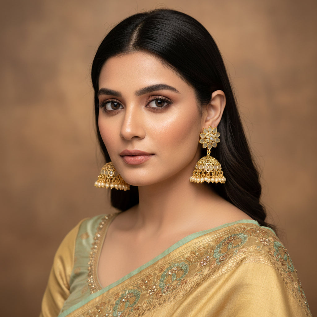 Gold and pearl earrings on a dark background with 'SAHELI' branding.