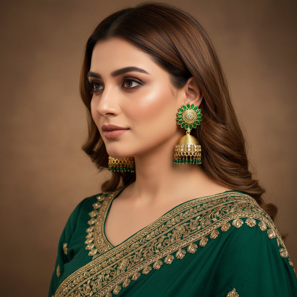 Gold and green earrings with 'Saheli' branding on a dark background