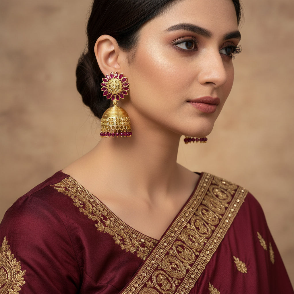 Gold and red floral earrings with 'SAHELI' branding on a dark background
