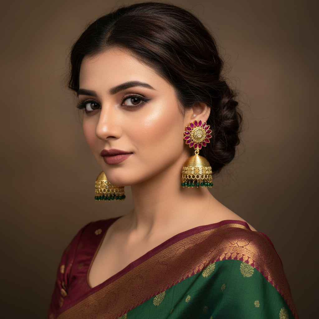 Gold jhumka earrings with red and green accents on a dark background, featuring the brand 'Saheli'.