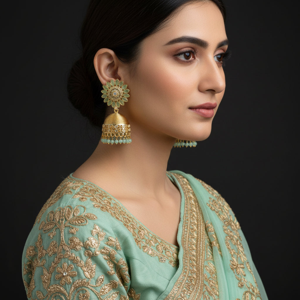 Gold and green floral jhumka earrings on a dark background with 'Saheli' branding.