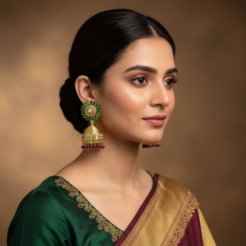 Gold and green jhumka earrings with 'Saheli' branding on a dark background