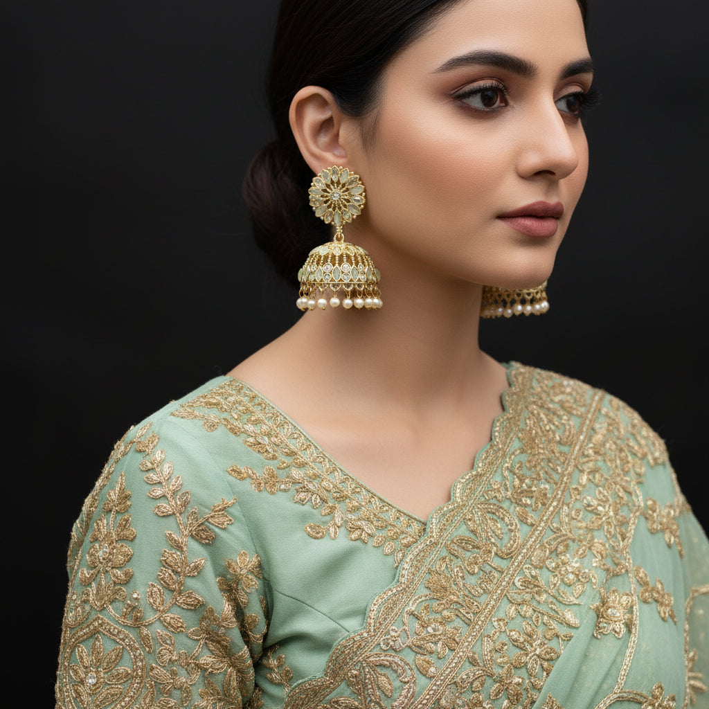Gold and pearl earrings with 'Saheili' branding on a dark background