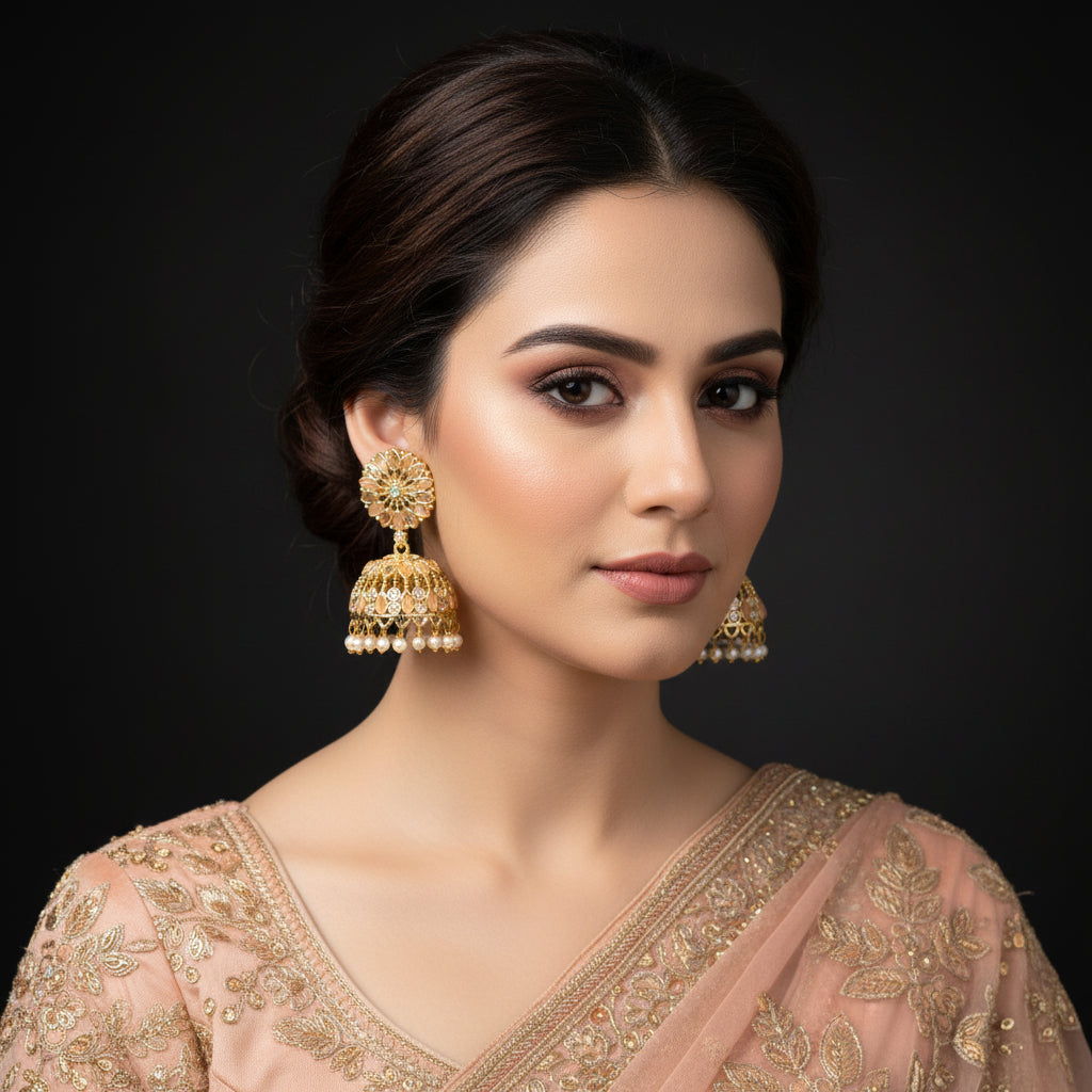 Gold and pearl earrings with 'Saheli' branding on a dark background