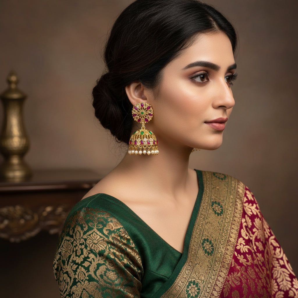 Ornate gold earrings with gemstones and pearls on a black background, featuring the brand 'SAHELL'.