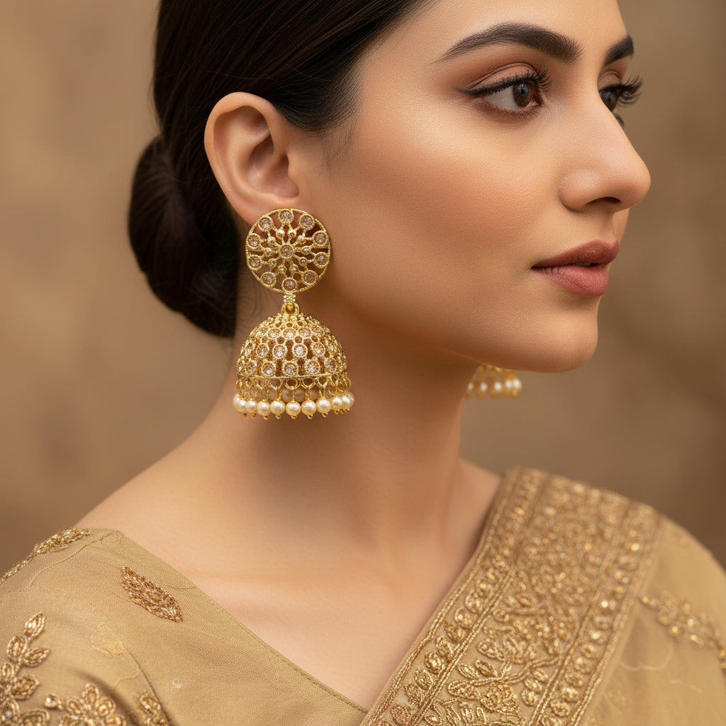 Gold earrings with intricate designs and pearl accents on a dark background, featuring the brand 'Saheli'.