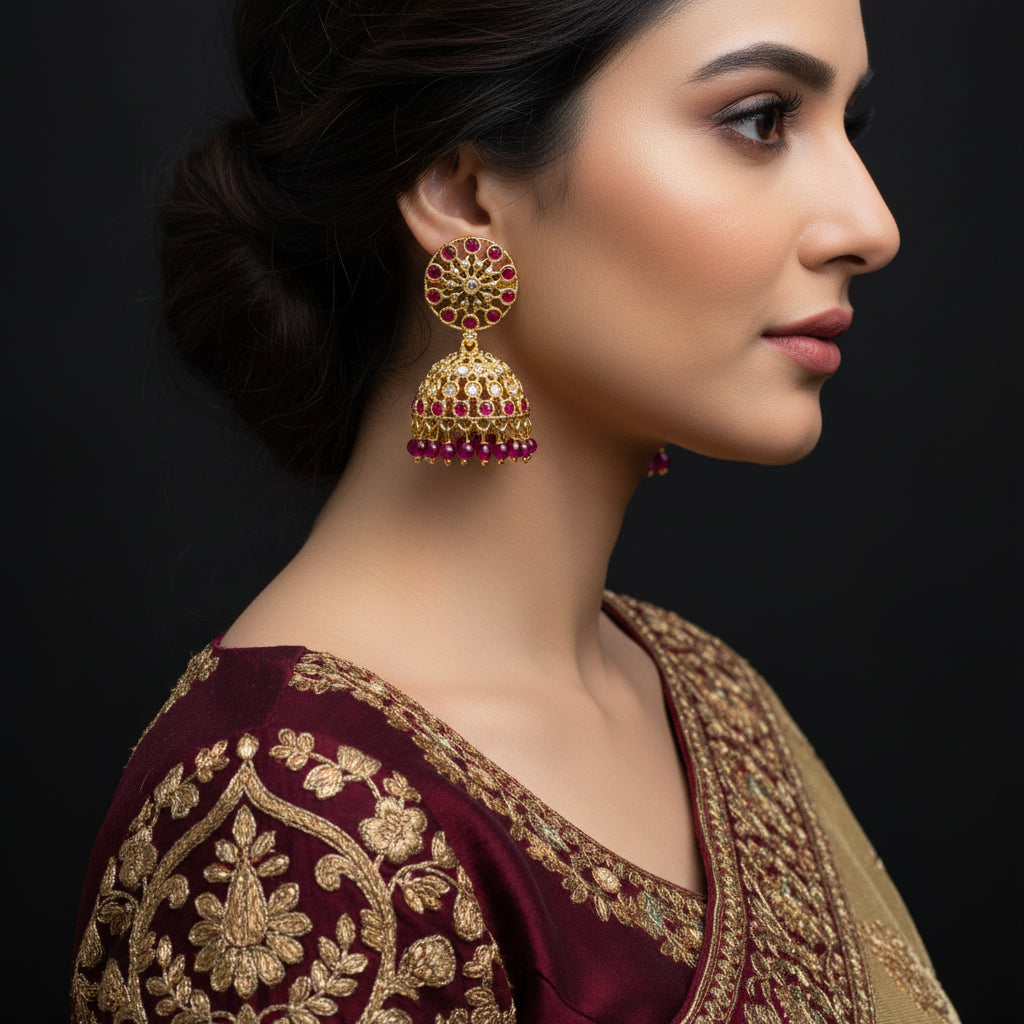 Gold and red gemstone earrings on a dark background with 'Saheli' branding.