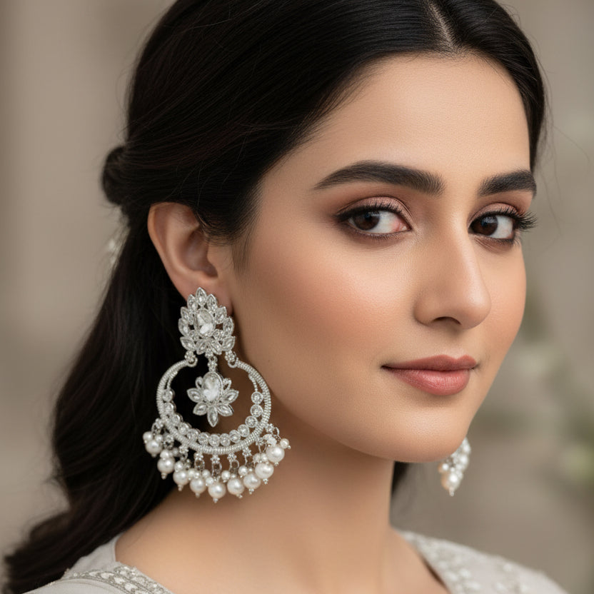 Ornate silver and pearl earrings on a dark background with 'Saheli' branding.