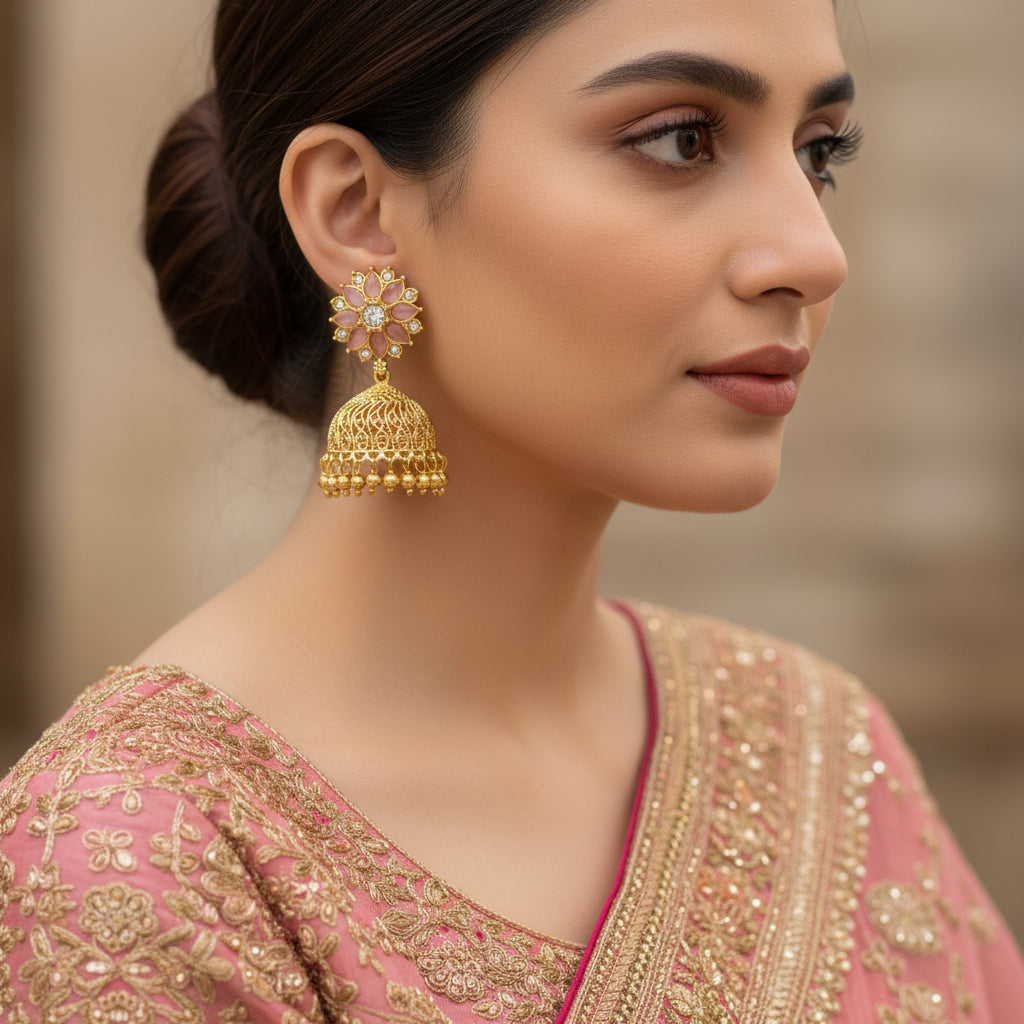 Gold jhumka earrings with pink stones on a black background, featuring the Saheli brand.