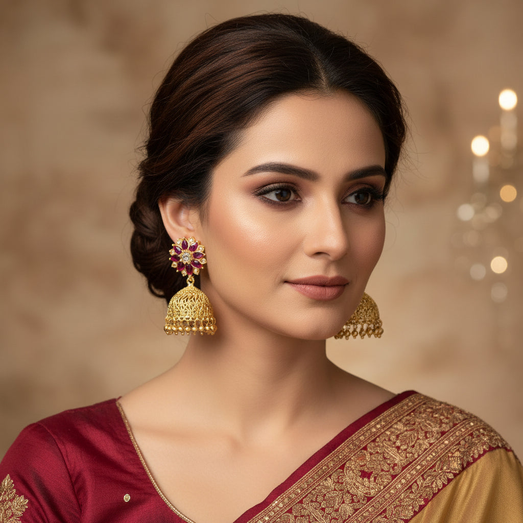 Gold and gemstone earrings with 'Saheli' branding on a dark background