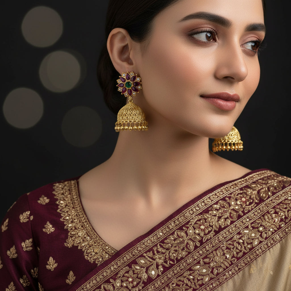 Gold earrings with gemstones on a dark background, featuring the brand 'Saheli'.