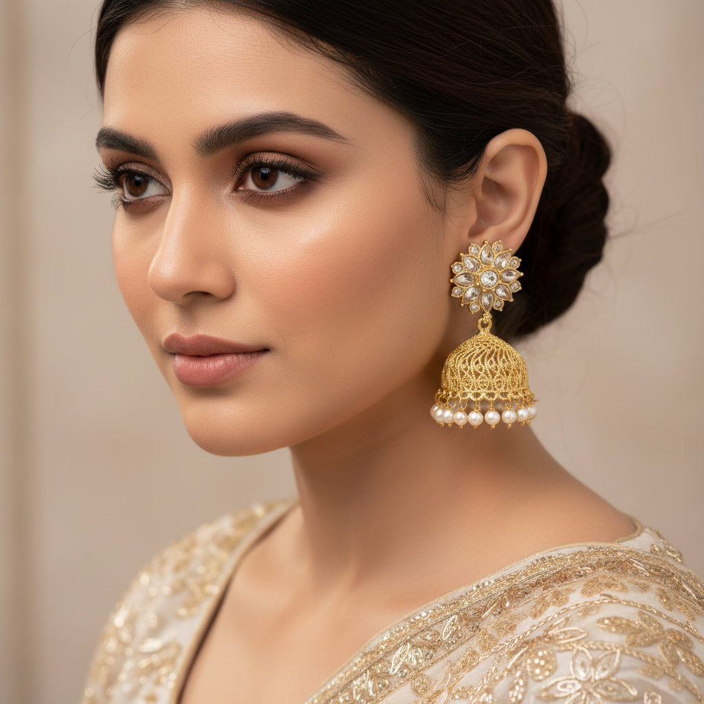 Gold jhumka earrings with intricate designs on a black background, featuring the 'Saheli' brand.