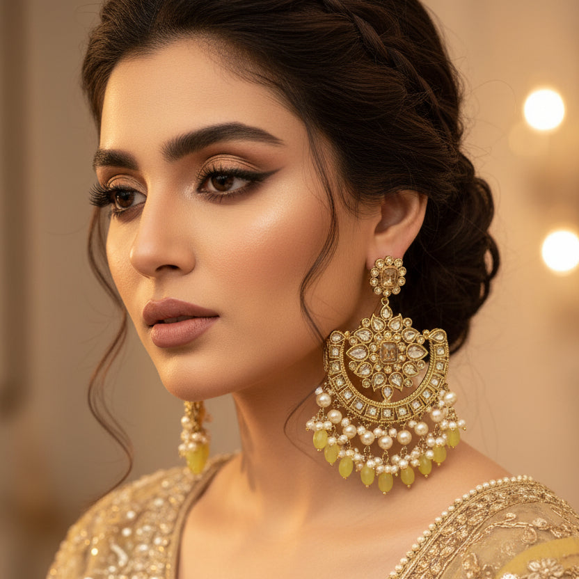 Pair of gold and pearl earrings with green stones on a dark background
