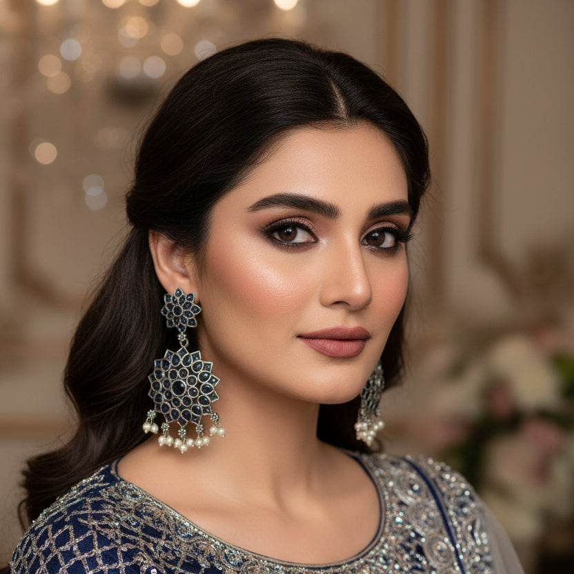 Ornate earrings with floral designs and blue stones on a black background