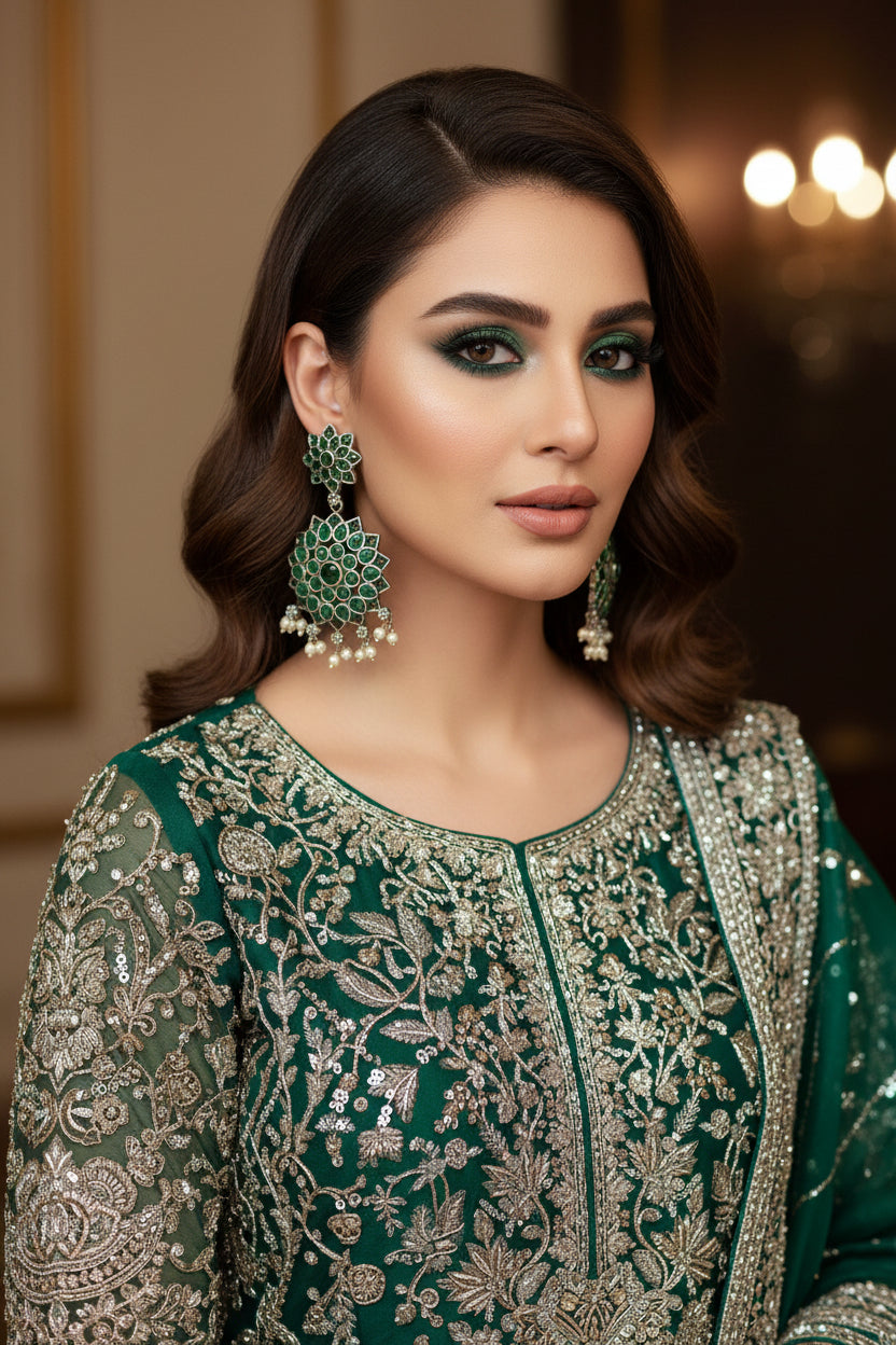 Pair of green and silver floral earrings on a black background