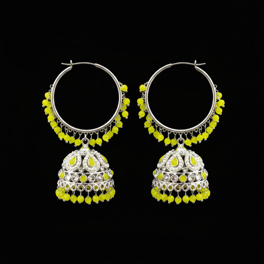 Decorative earrings with yellow beads on a black stand with HP logo in the background