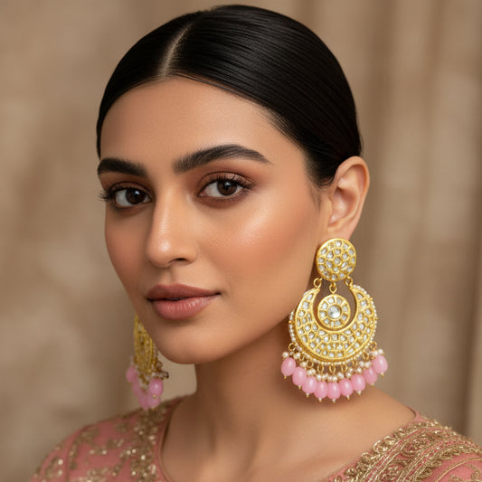 Gold and pink earrings on a black background