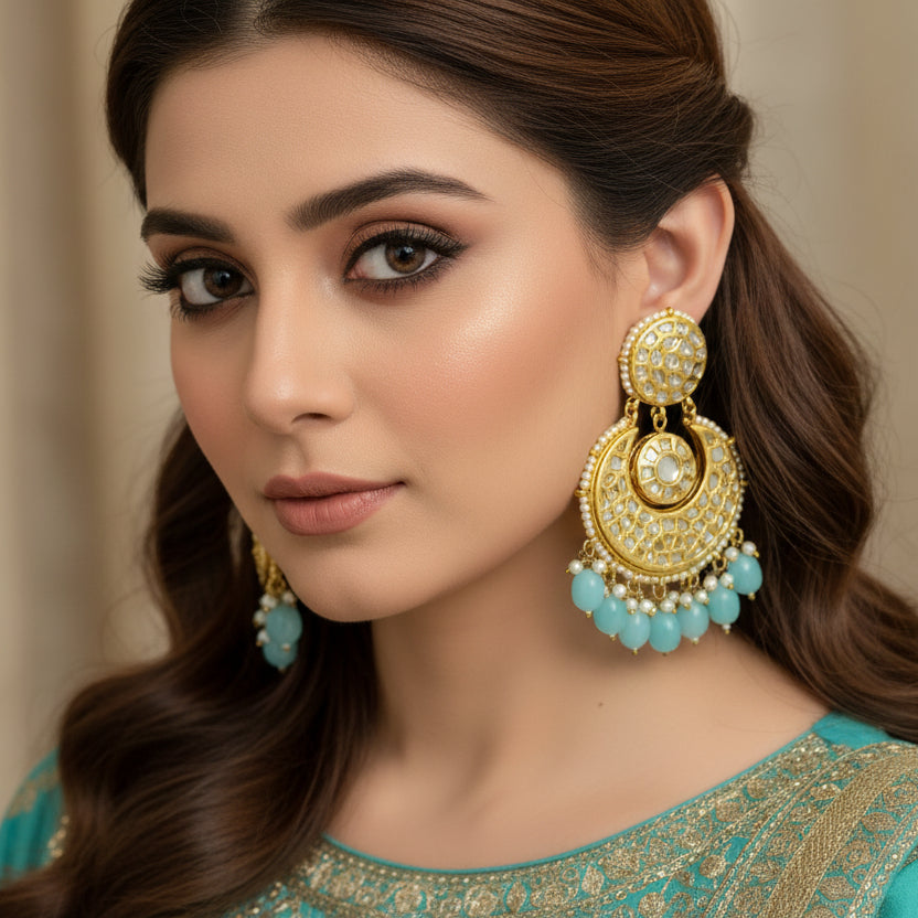 Gold and turquoise earrings on a black background
