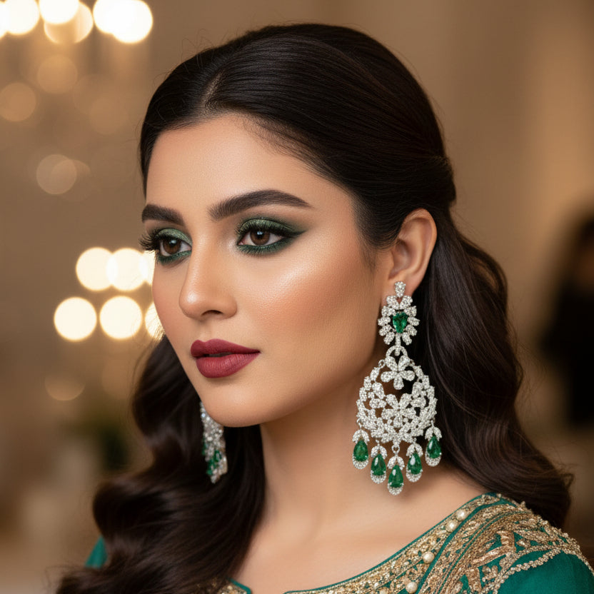Pair of silver earrings with green gemstones on a dark background, featuring the brand 'Saheli'.