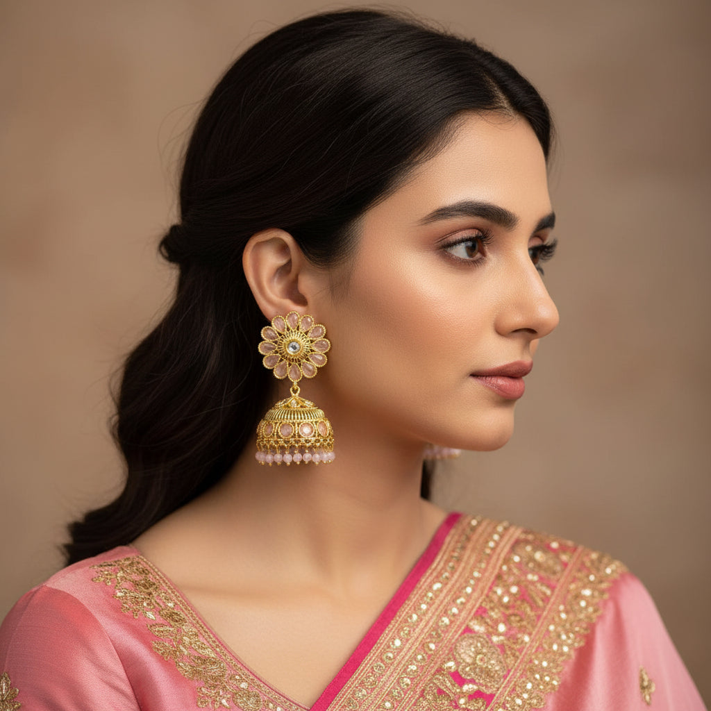 Gold floral earrings with intricate designs on a dark background, featuring the brand 'Saheli'.