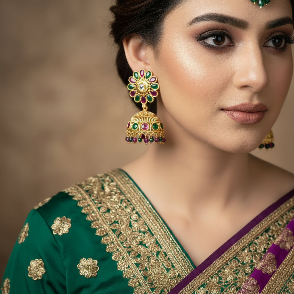 Gold jhumka earrings with colorful gemstones on a dark background, featuring the Saheli brand.