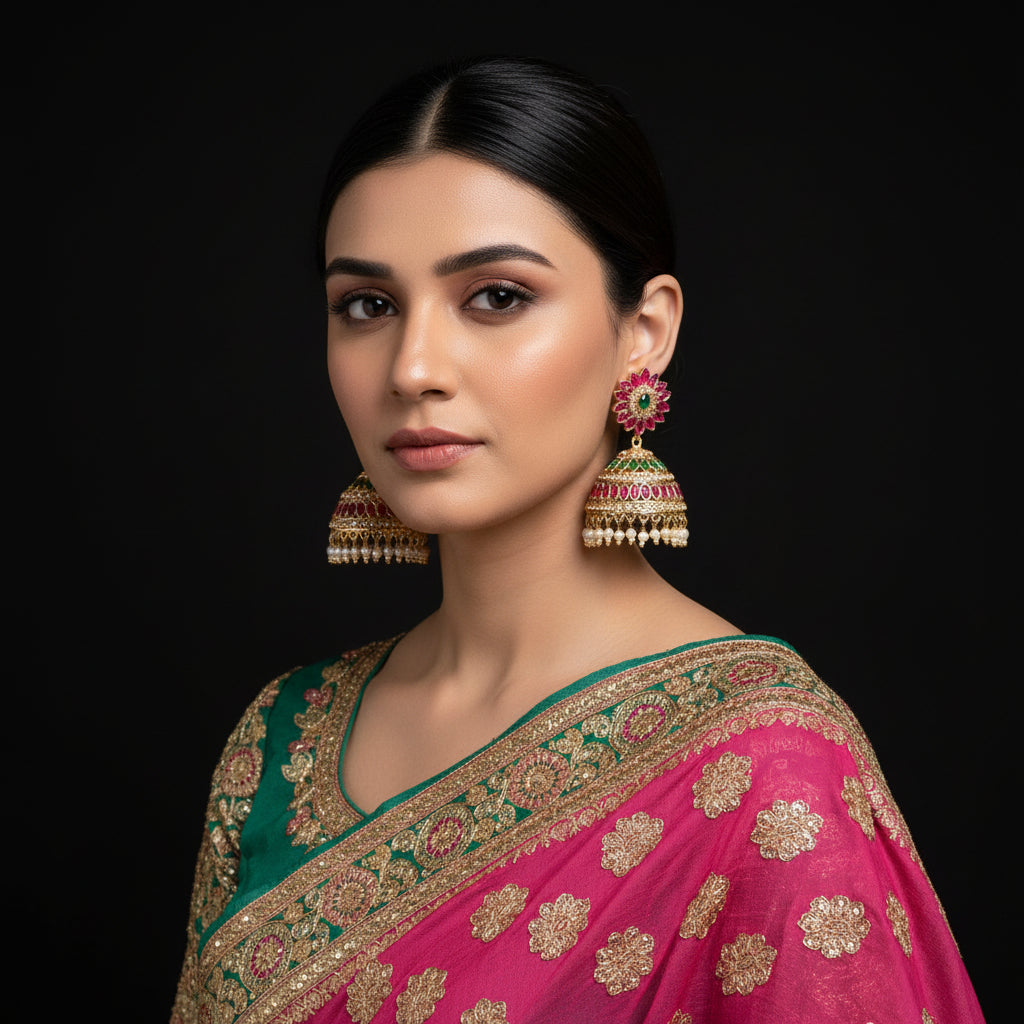 Ornate earrings with pink and green gemstones on a black background, featuring the brand 'Saheli'.