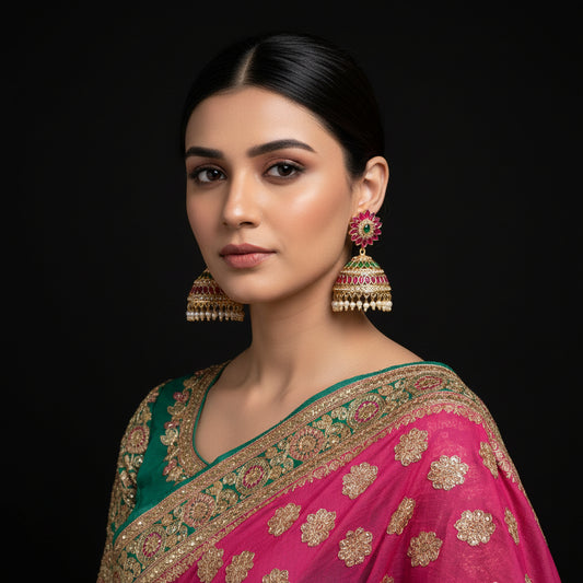 Ornate earrings with pink and green gemstones on a black background, featuring the brand 'Saheli'.