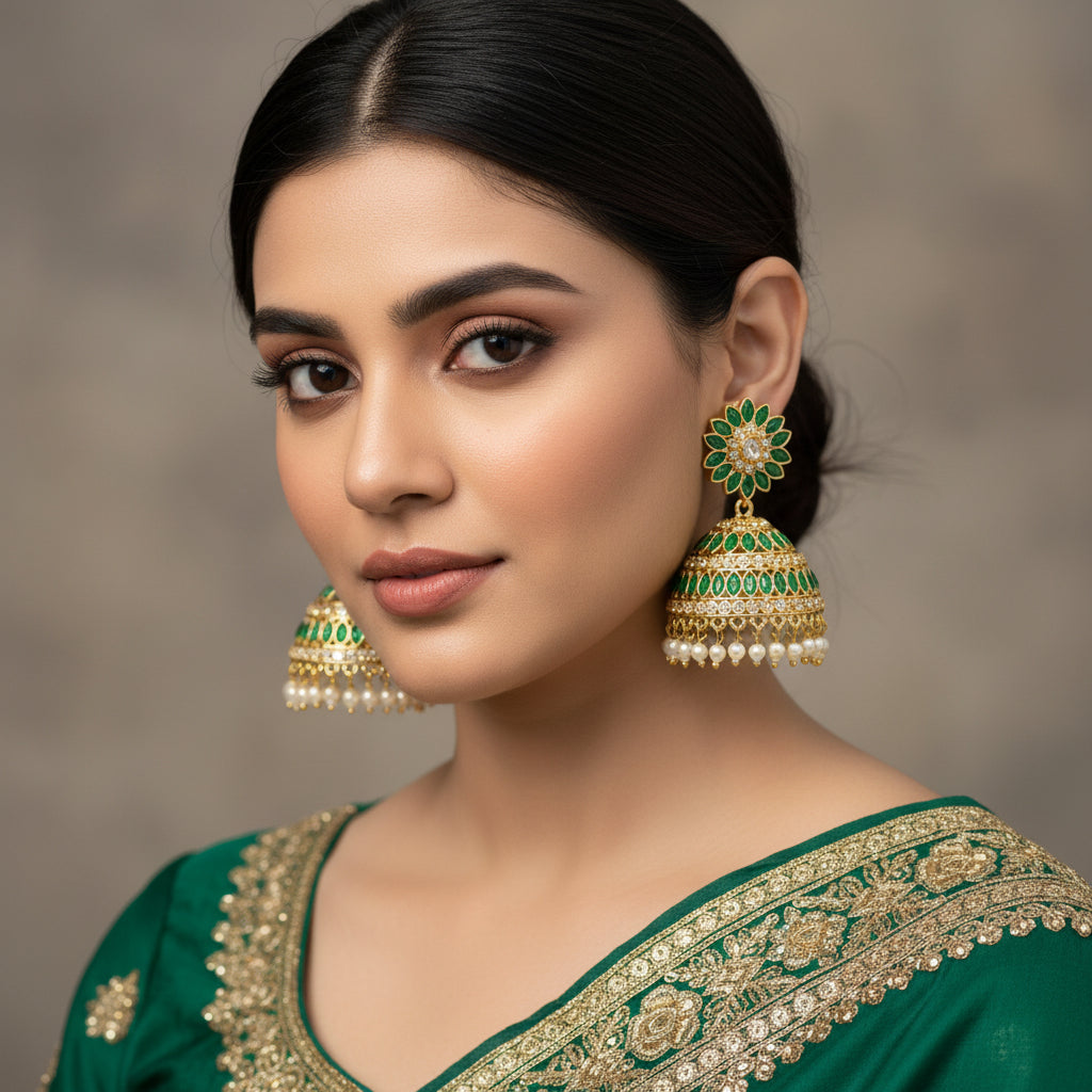 Gold and green earrings with pearl details on a black background, branded 'SAHELI'.