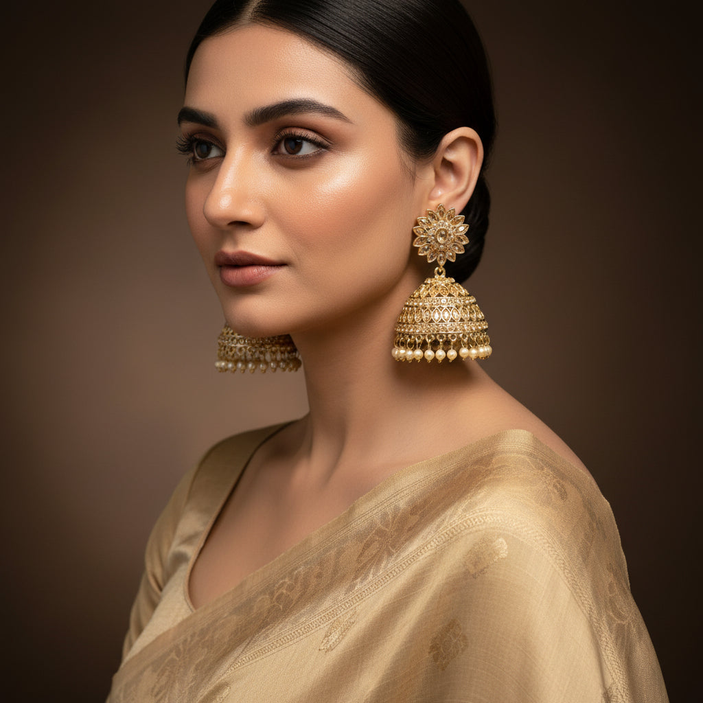 Gold and pearl earrings with 'SAHELI' branding on a dark background