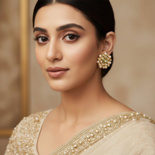 Pair of gold and pearl earrings on a black background