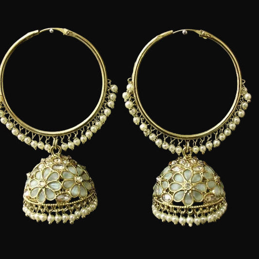 Pair of gold hoop earrings with intricate designs on a black background